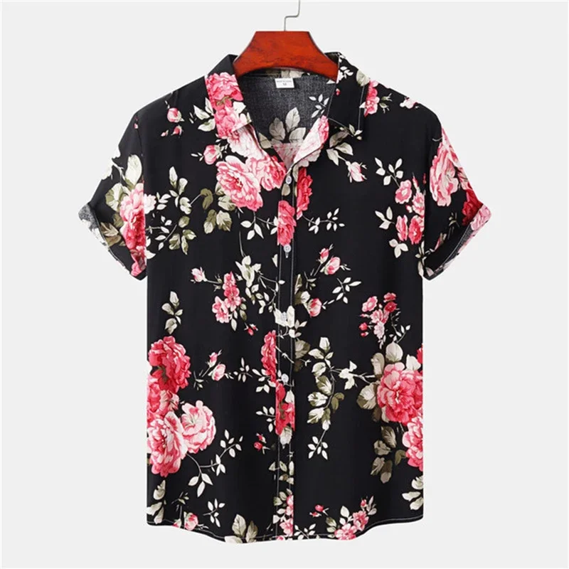 Camisa havaiana de manga curta masculina, camisa aloha praia estampa floral, preta e rosa, roupa de festa casual, verão, 2022