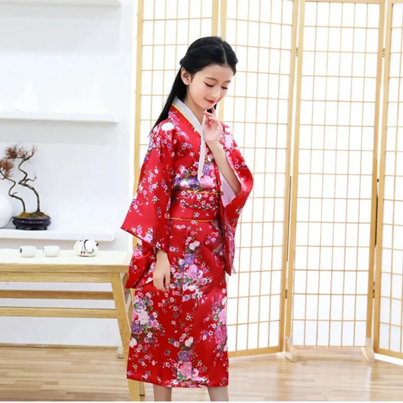 الأطفال كيمونو النمط الياباني التقليدي الأزهار يوكاتا فستان أطفال أوبي خمر الساموراي هالوين تأثيري حلي هاوري الزي