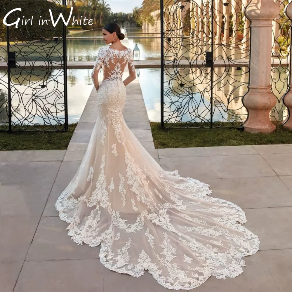 Sequins Appliques Bride Robe Modest Long Sleeve Wedding Dress Graceful 2025 Mermaid customized Bride Robe Vestido De Novia