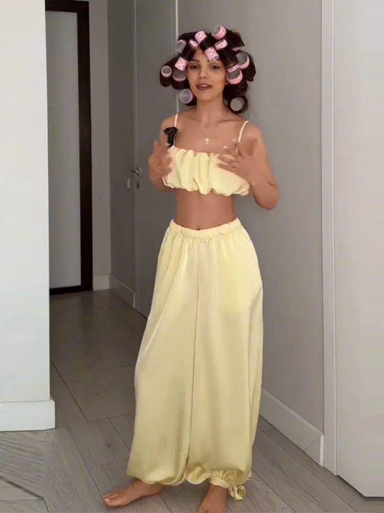 Plissierte kurze Tube-Tops, Hosenanzüge für Damen, sexy Spaghettiträger, ärmelloses, kurzes Top, elastische Taille, Schnürhose, neue Outfits – Detail 14
