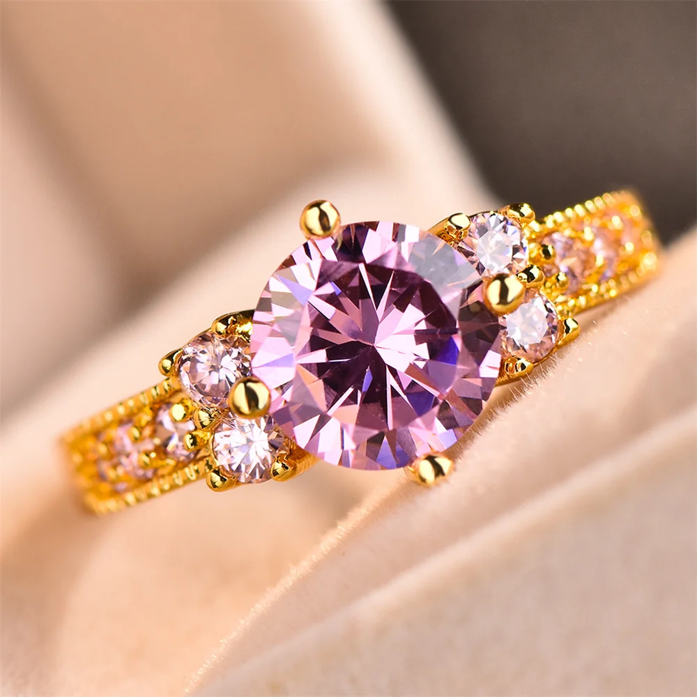 Elegant Pink Crystal Round Stone Engagement Rings For Women Vintage Gold Color Wedding Band Birthstone Jewelry Mother\'s Day Gift