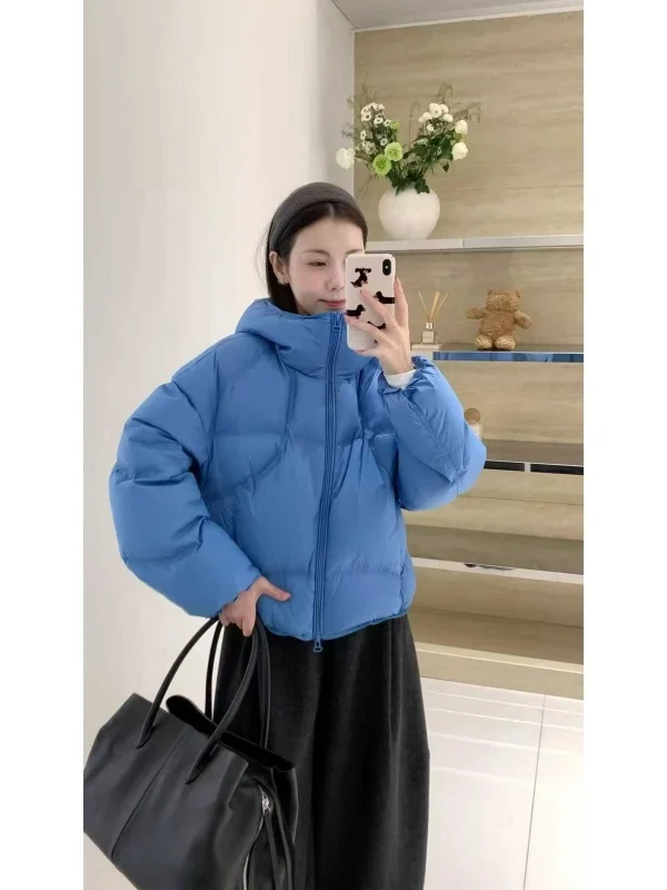 

Ladies' Blue Hooded Puff Sve Cotton Jaet ort Thi Warm Bread Sle Outerwear Korean Sle Loose Fit Long Sve Zippe...