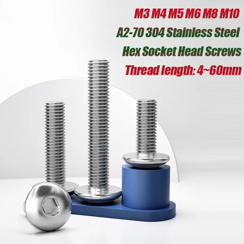 

5/10/20/50/100pcs M3 M4 M5 M6 M8 M10 A2-70 304 Steel Hex Socket Head Screws Mushroom Head Hexagon Socket Button Head Bolt Screws