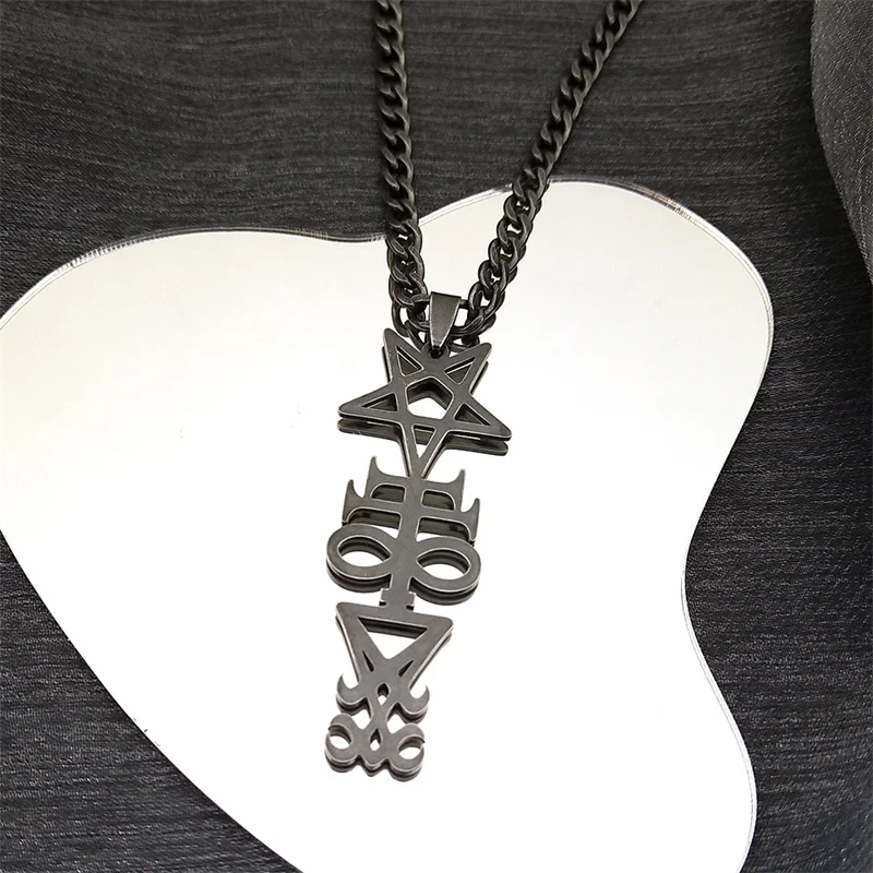 Hexerei Siegel Kirche von Satan Pentagramm Anhänger Halskette für Frauen Männer Edelstahl schwarz Farbe Kreuz Punk Schmuck ﻿ 911 – Detail 9