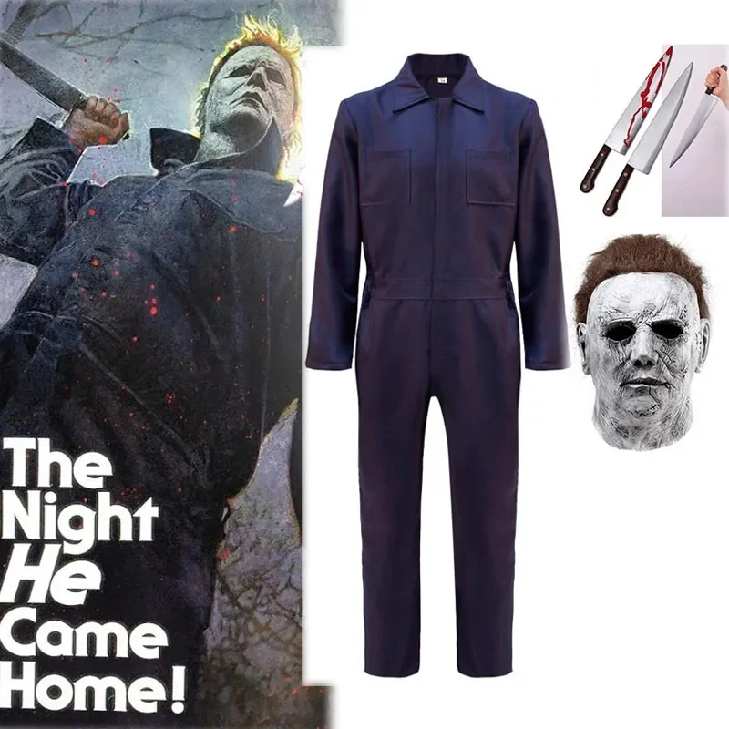 Halloween Michael Myers Costume for Adult Men Boy Horror Killer Cosplay Props Halloween Killer Costume Coverall Toy Knife Set