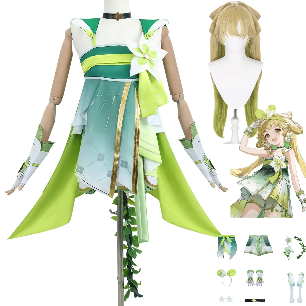 

Game Wuthering Waves Verina Cosplay Costume Chinese Style Green Dress Uniform Full Set Wig Woman Sexy Kawaii Christmas Suit