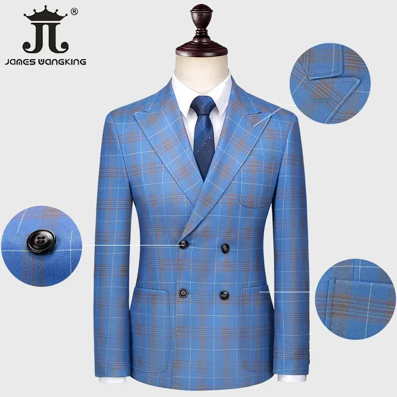 S-5XL Blazer Vest Pants Luxury High-end Brand Men\'s Slim Formal Business Blue Plaid Suit 3piece Groom Wedding Dress Party Tuxedo