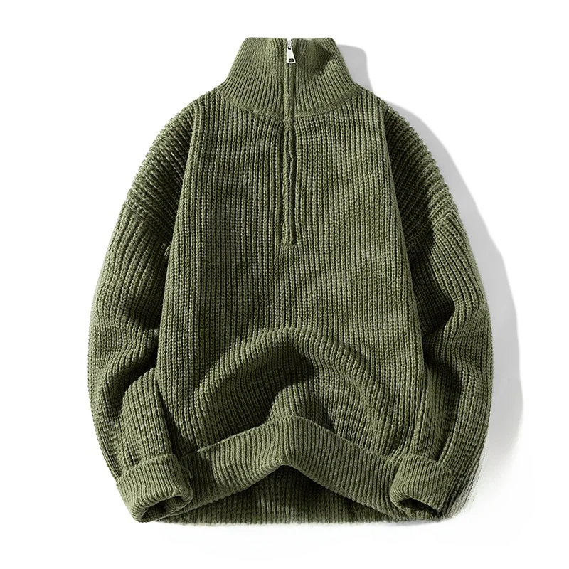 

High Collar Men's Knitted Sweater Winter Casual Half Zip Pure Color Pullover Warm Base Layer Shirt Comfortable Polyester Fiber