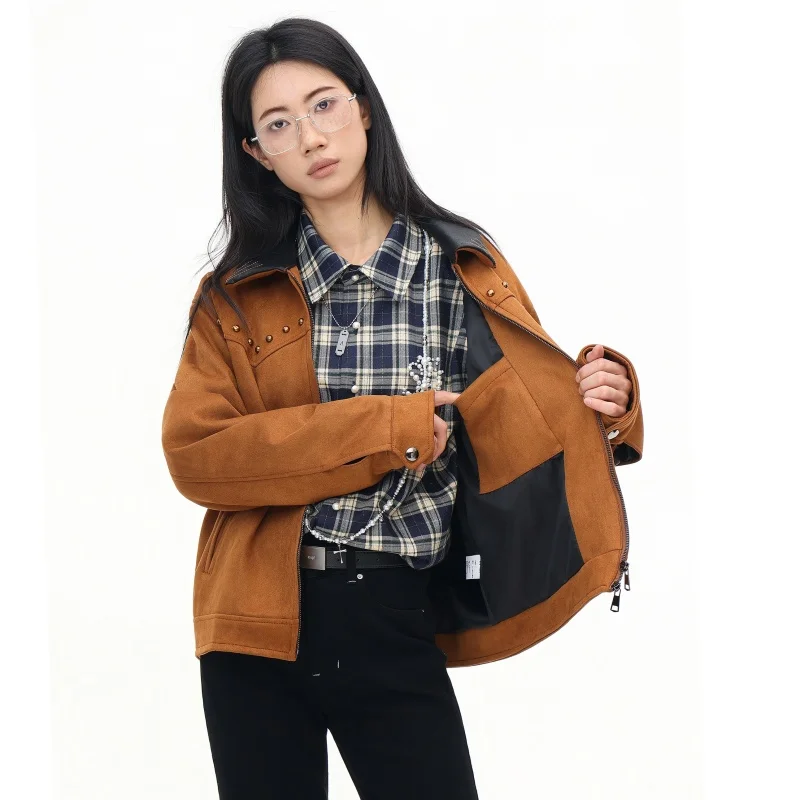 Women's Camel Jacket Lapel Pearl Decor Casual Workwear style High Quality Beading Fashion Spring Autumn Coat