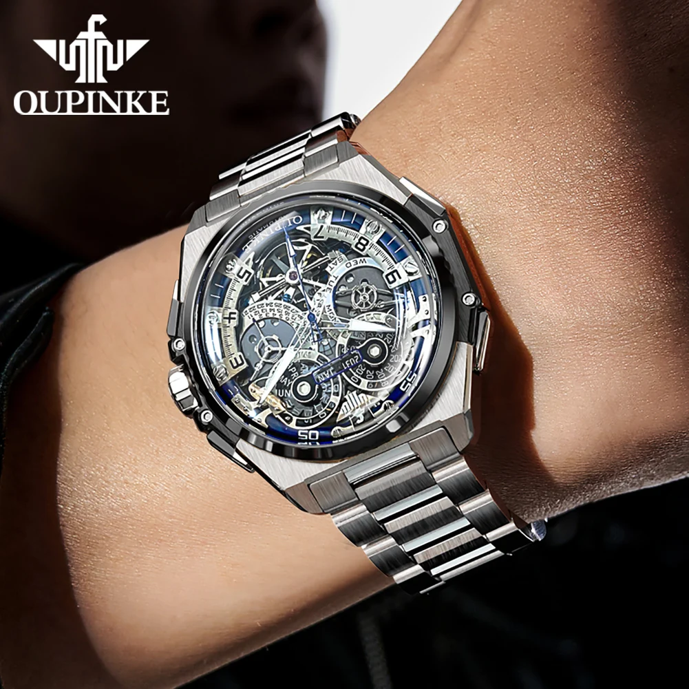 OUPINKE Men Watch Hollow Flywheel Dial Chronograph Date Year High Quality Tungsten steel Sapphire Mirror Mechanical Wrist watch