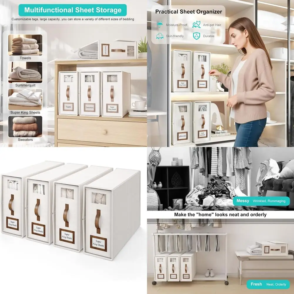 

Cal King Collapsible Bed Sheet Organizer with Window, Linen Fabric Storage Box for Bedding and Sheets - White