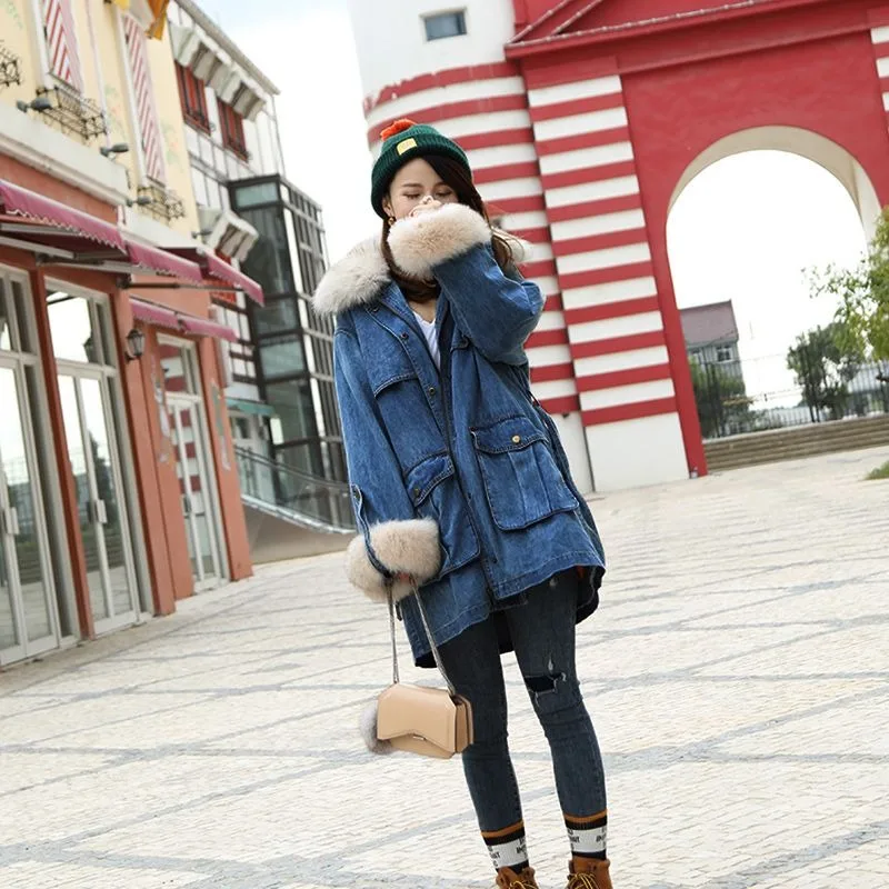 2023 New Fox Large Fur Collar Denim Long Down Jacket Women Thickened Fashion Slim Detachable Liner