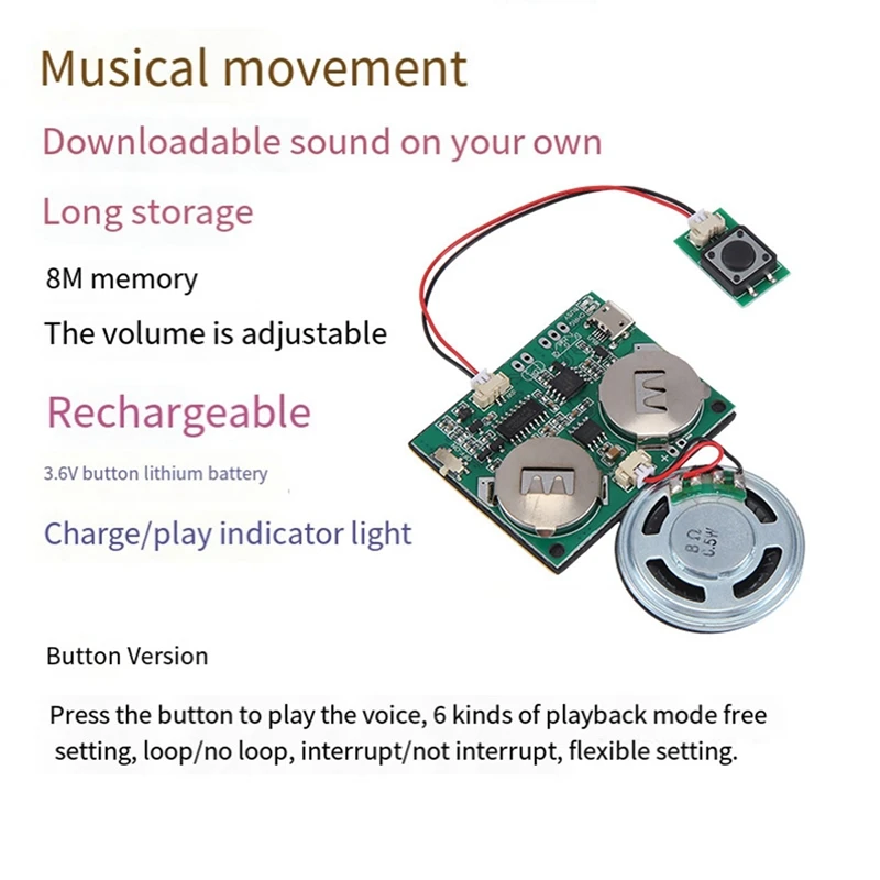 บันทึกเสียงโมดูลปุ่มควบคุมชิปเสียง 8M MP3 WAV เครื่องเล่นเสียงเพลงโปรแกรมพร้อมลําโพงสําหรับ DIY