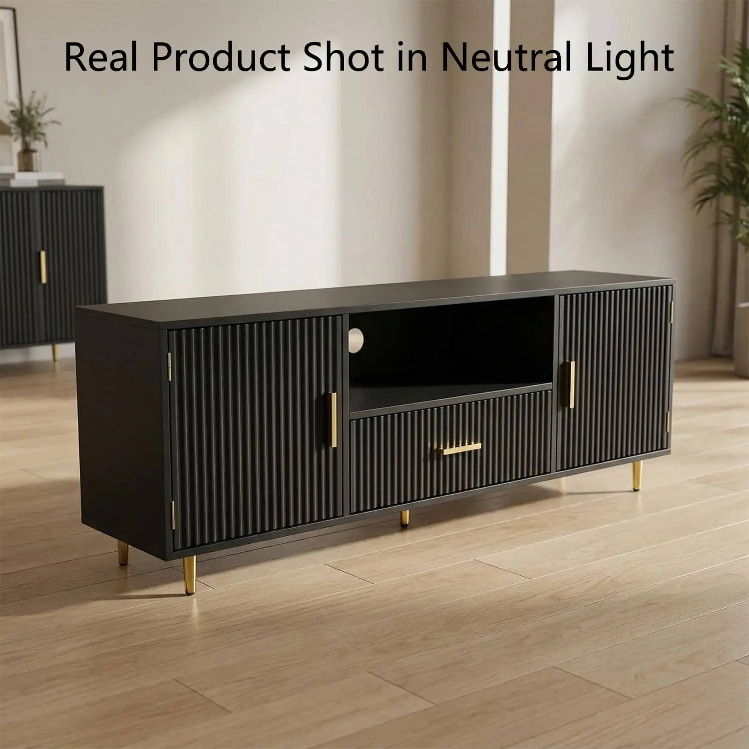 Fluted TV Stand Entertainment Center Media Console Storage Cabinet Drawer Ribbed Design Living Room 55-65 Inch Black, Customized