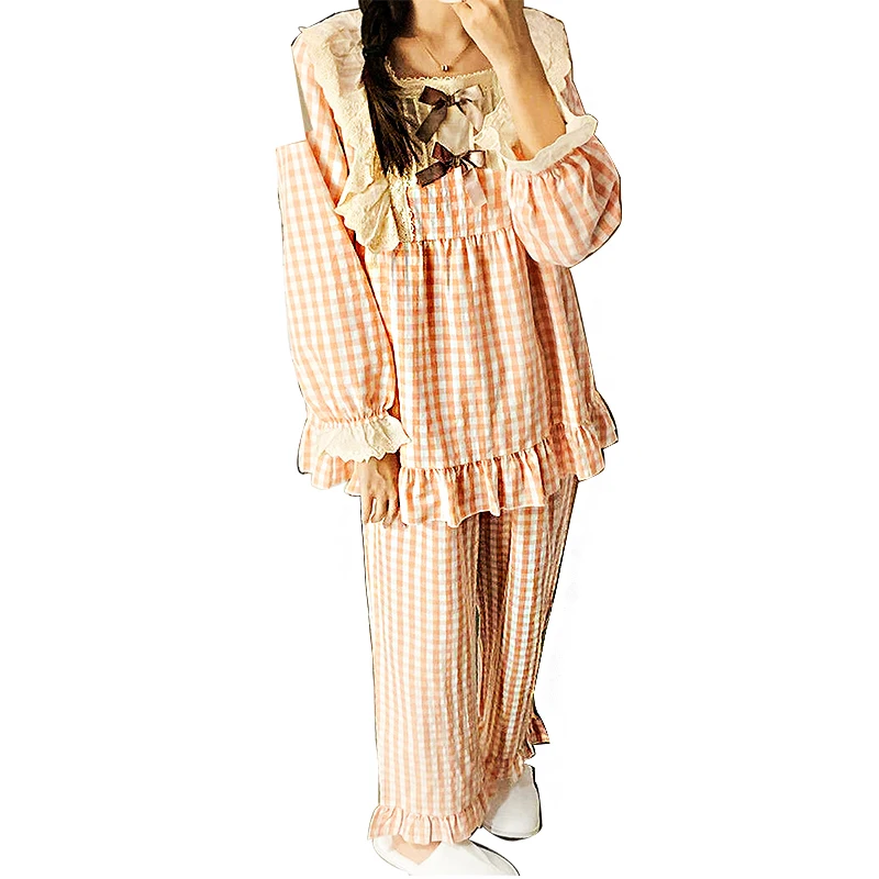 

Women's Sexy Bow & Lace Trim Pajama Set Cute Princess Sleepwear, Cozy Plaid Loungewear for Comfortable Nights