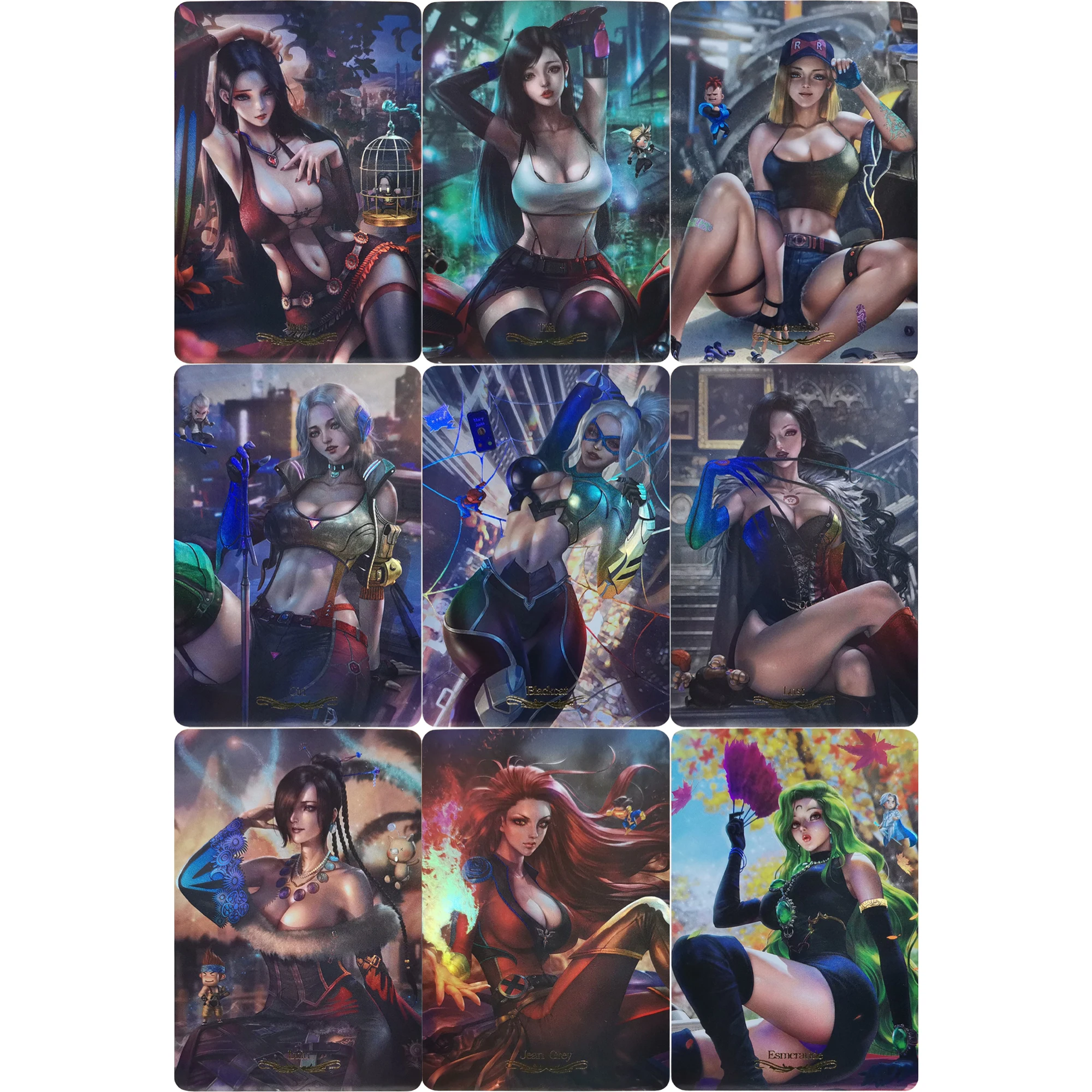 

9Pcs/set Diy Self Made Tifa Android 18 Color Flash Cards ACG Anime Girls Kawaii Gift Toy Anime Game Collection Cards