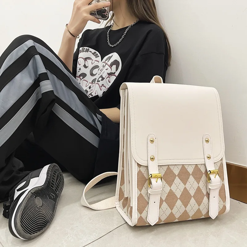 Japanese Preppy Plaid Girl Backpack Women Harajuku Vintage Rhombic Lattice Jk Brown Backpacks Ladies Retro School Bag Aesthetic