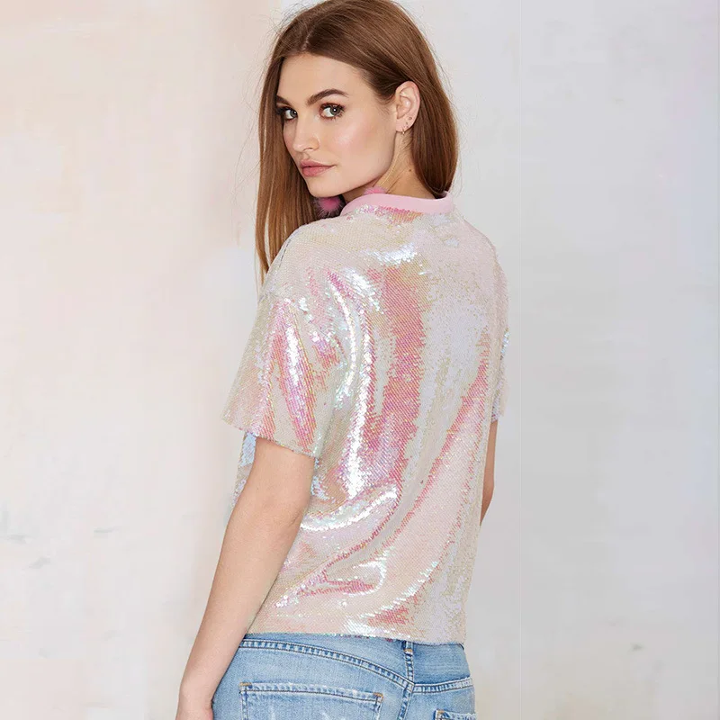 Street Dance Female Singer Performance Outfit, Girl Style Short Tops Pink Glitter T-shirt Shirts Y2k playeras de mujer