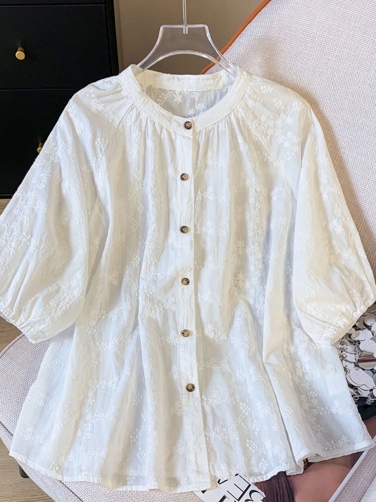 

Ретро Lazy Sle Pure Color Маленький воротник-стойка с вышивкой irt Женский летний новый топ для похудения Модный хлопковый фонарь...