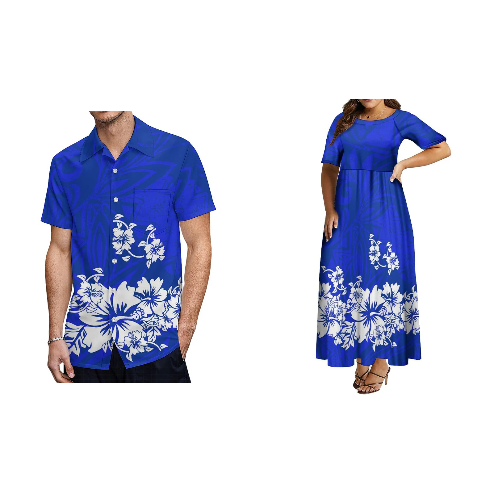 2024 New Woman Medium Sleeve Round Neck Dress Man Hawaii Short Sleeve Shirt Couple Matching Polynesian Wear Samoa Style