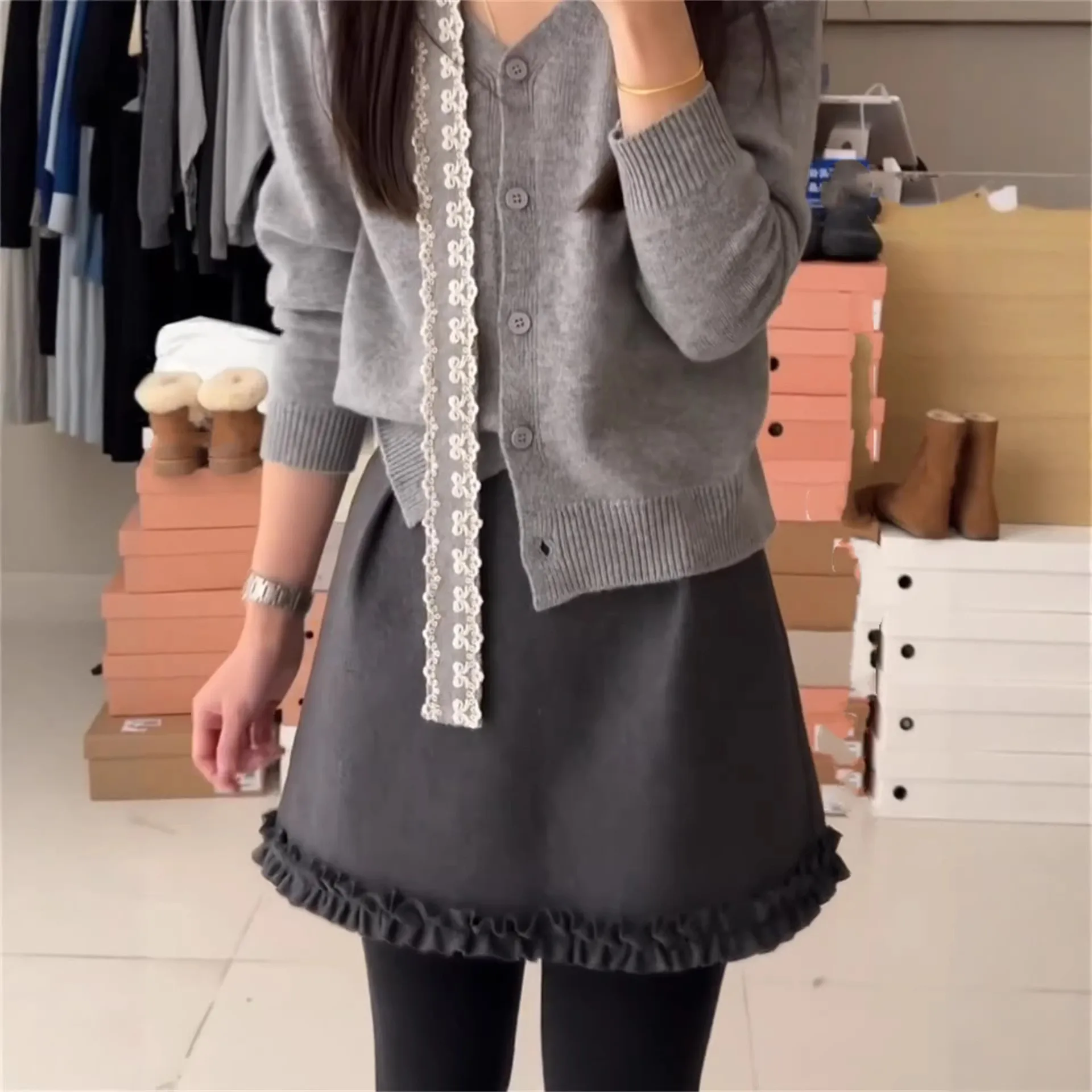 Women's Woolen  Skirt A-Line Bodycon Short Skirt Slim Fit Wood Grain  Skirt Pants Outwear Casual High Waist Zipper