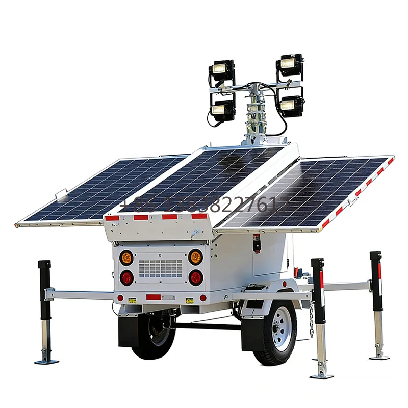 Mobile Solar Lighting Tower 4x150W 5000K Daylight LED Lights IP44 Rated 0-20 Beam Angle Trailer Mounted System for Mining