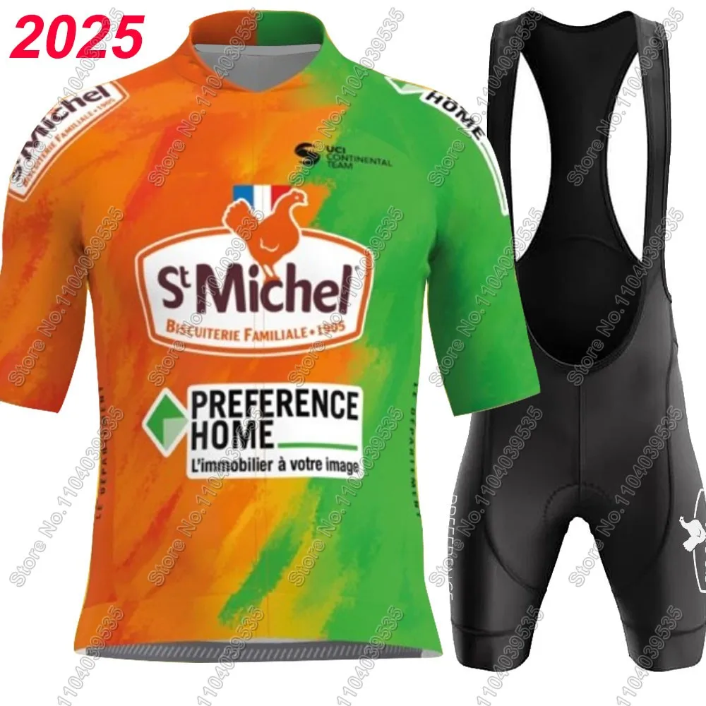 St Michel 2025 Cycling Jersey Mens Pro Team Set Short Sleeve France Orange Clothing Road Bike Shirts Suit Bicycle Bib Shorts MTB