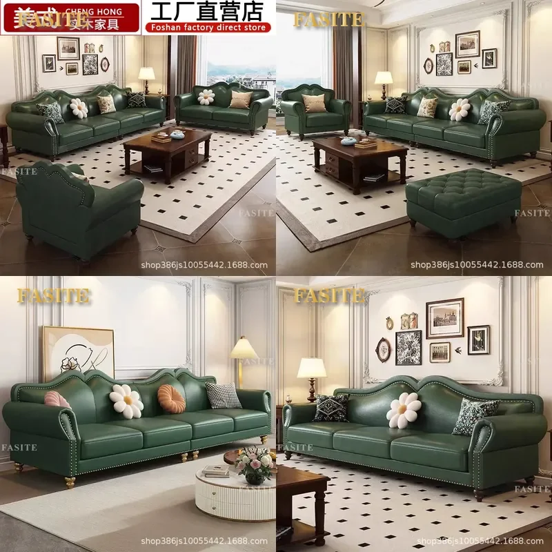 For American Retro Solid Wood Leather Sofa French Antique Dark Green Oil Wax Leather 3-4 Seater Living Room Small Apartment