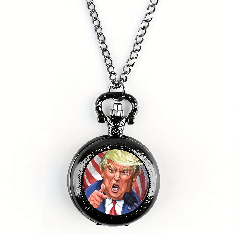 Donald Trump Design Quartz Pocket Watch with Glass Face - Presidential Style Collectible Timepiece