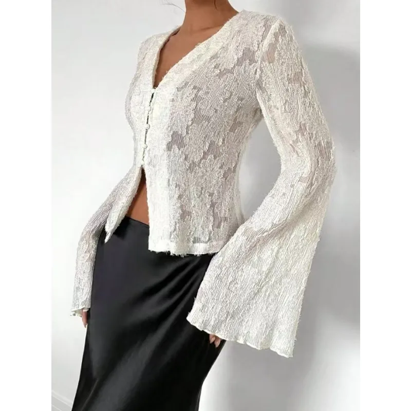 2025 decote em v jacquard renda elegante camisa outono novas mulheres magro ajuste blusa nova primavera moda trompete manga sexy oco curto topo