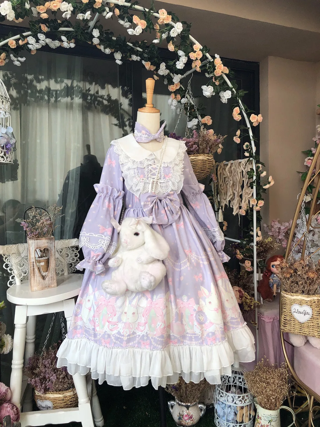 Original Design Princess Style Lace Dress Fragrant Rabbit Pink Purple Autumn Collection Sweet Lolita Skirt for Women