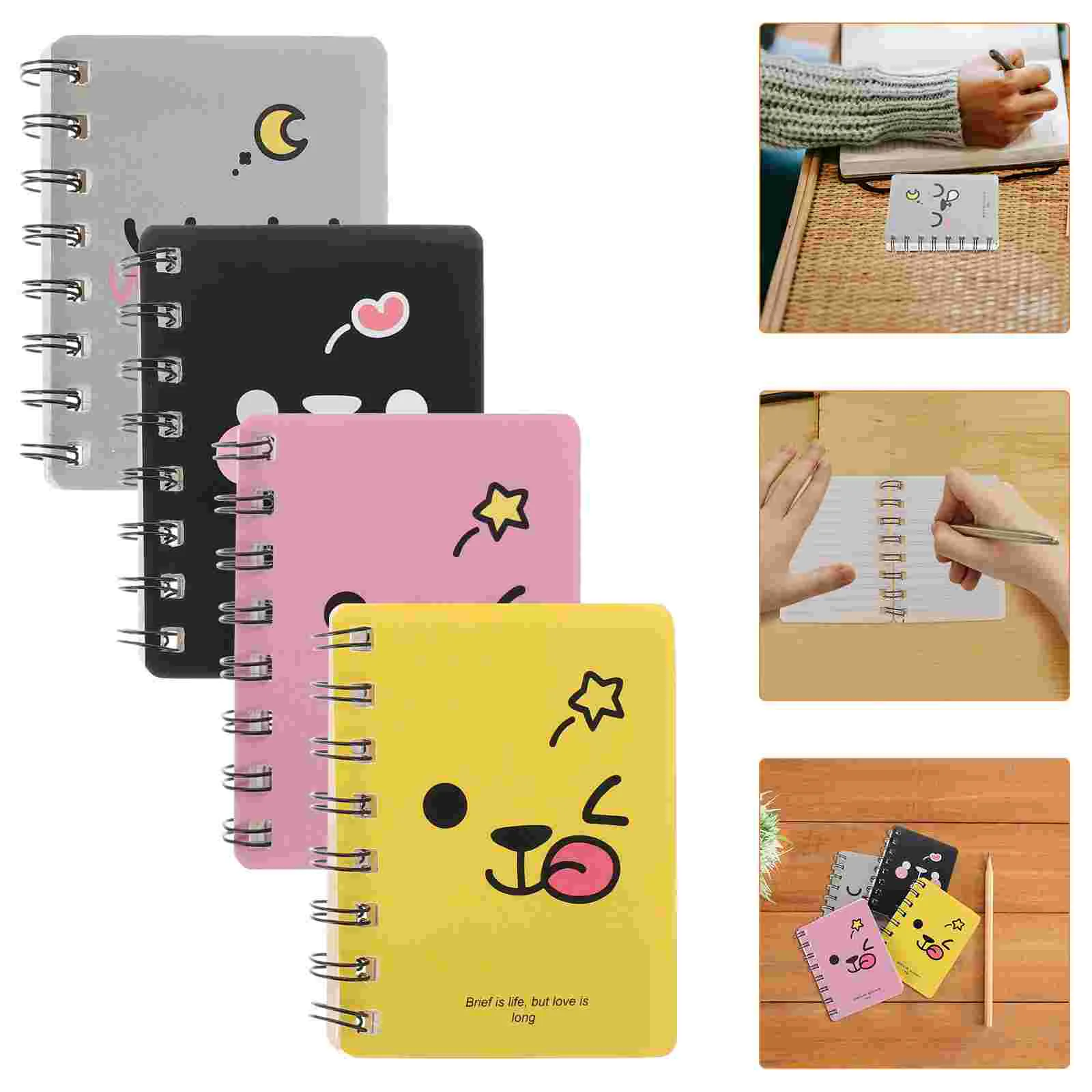 

4pcs Mini Cartoon Mini Notebook Diary Book Portable Notepad Pocket Travel Journal Notebook (Pink + Yellow + Gray + Black)