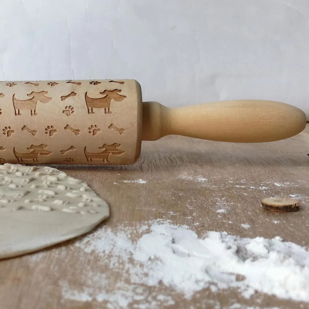 

Wooden Rolling Pin Dog Bone Pattern Embossing Design For Baking Pastry Pizza Dough Home Kitchen Bakery Use Wood Rolling