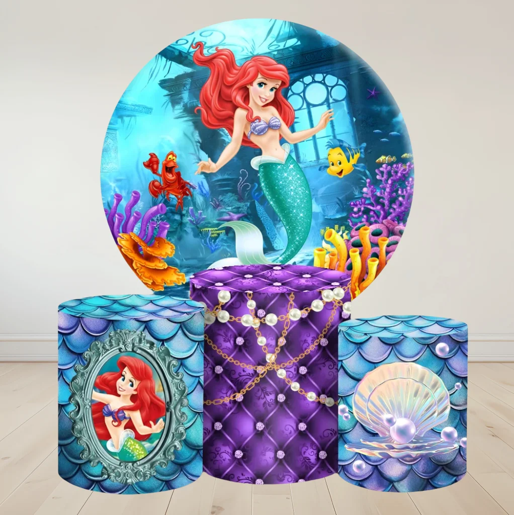 The Little Mermaid Ariel Round Backdrop 3 Cylinder Cover 4 Piece Background Photography Baby Shower Birthday Party Dessert Table