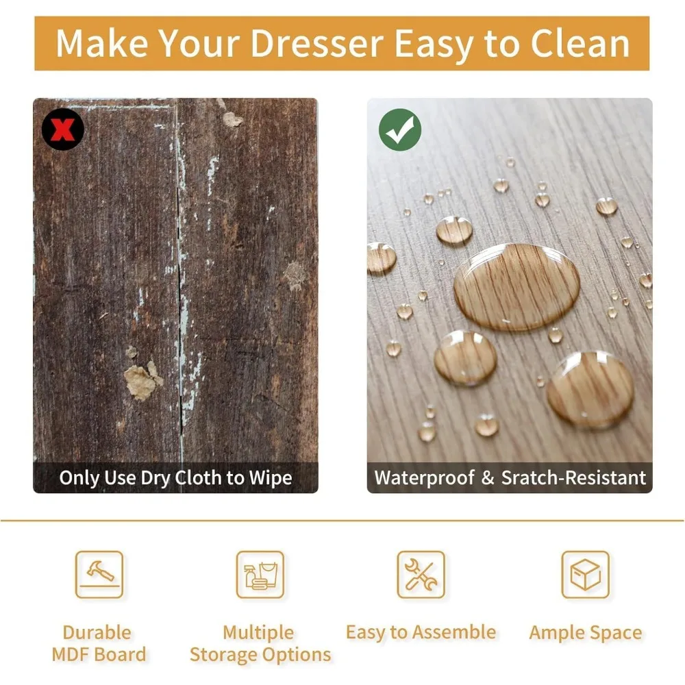 Cassettiera scanalata per camera da letto, cassettiera moderna in legno con maniglie in metallo dorato