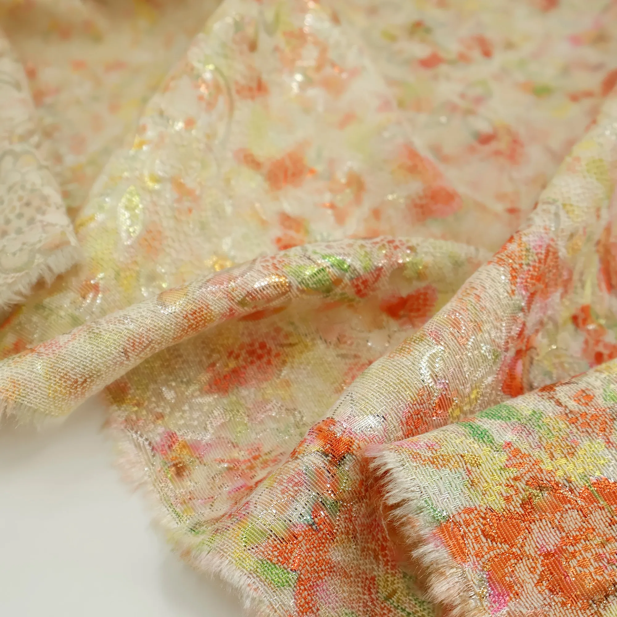 2 Yards of Designer Oil Painting Brocade Fabric with Gold Thread, Moss Green + Orange-Red + Beige Gradient Jacquard Fabric, Hanf