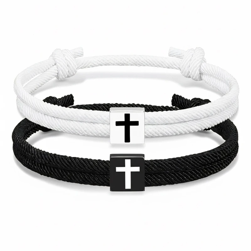 Pack of 2 Comfortable Adjustable Rope Bracelets Christian Symbol for Couples Faith Expression Gift