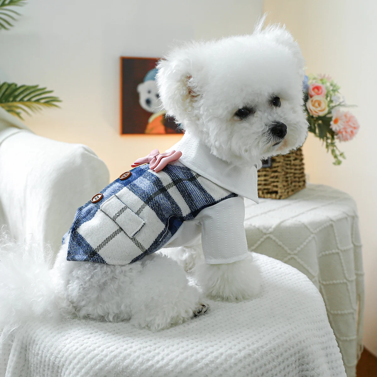 1PC Pet Clothing Spring and Autumn Handsome Gentleman Blue Grid Tailcoat Coat Suitable for Small and Medium sized Dogs