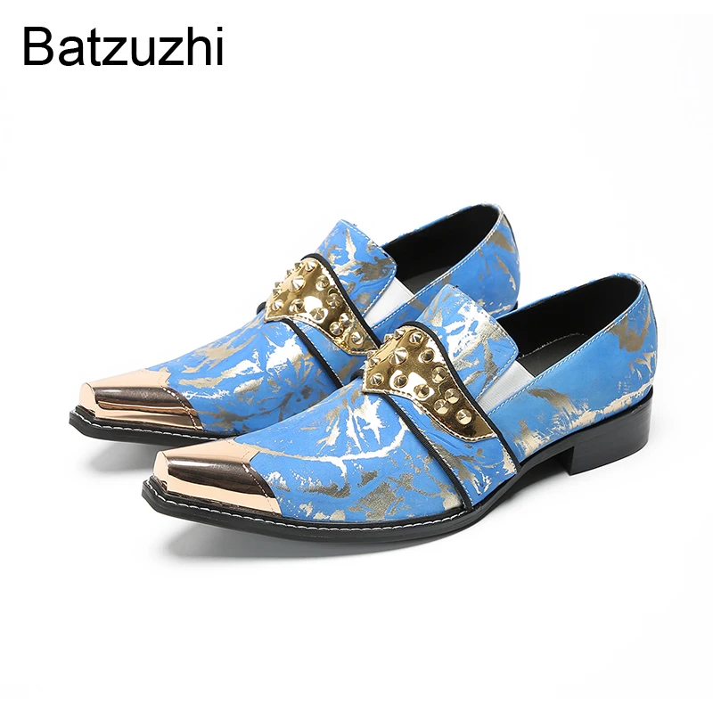 

Batzuzhi Fashion Light Blue Men's Leather Dress Shoes Slip on Formal Business, Party/Wedding Shoes for Man Golden Toes, US6-US12
