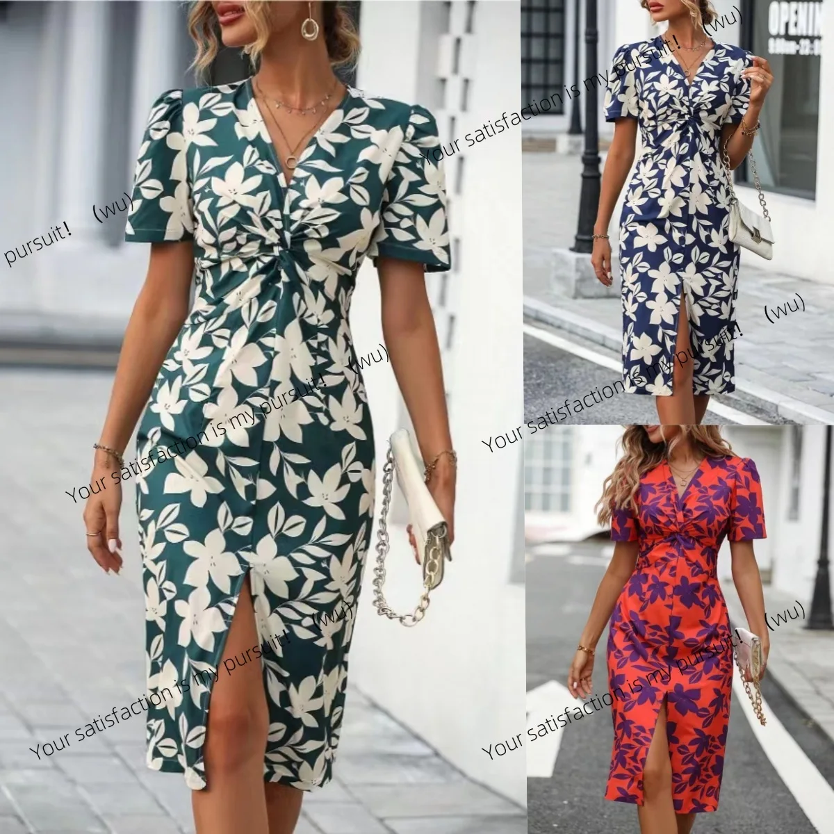 

European and American popular summer women's clothing printed V-neck split hip skirt, temperament short-sleeved dress