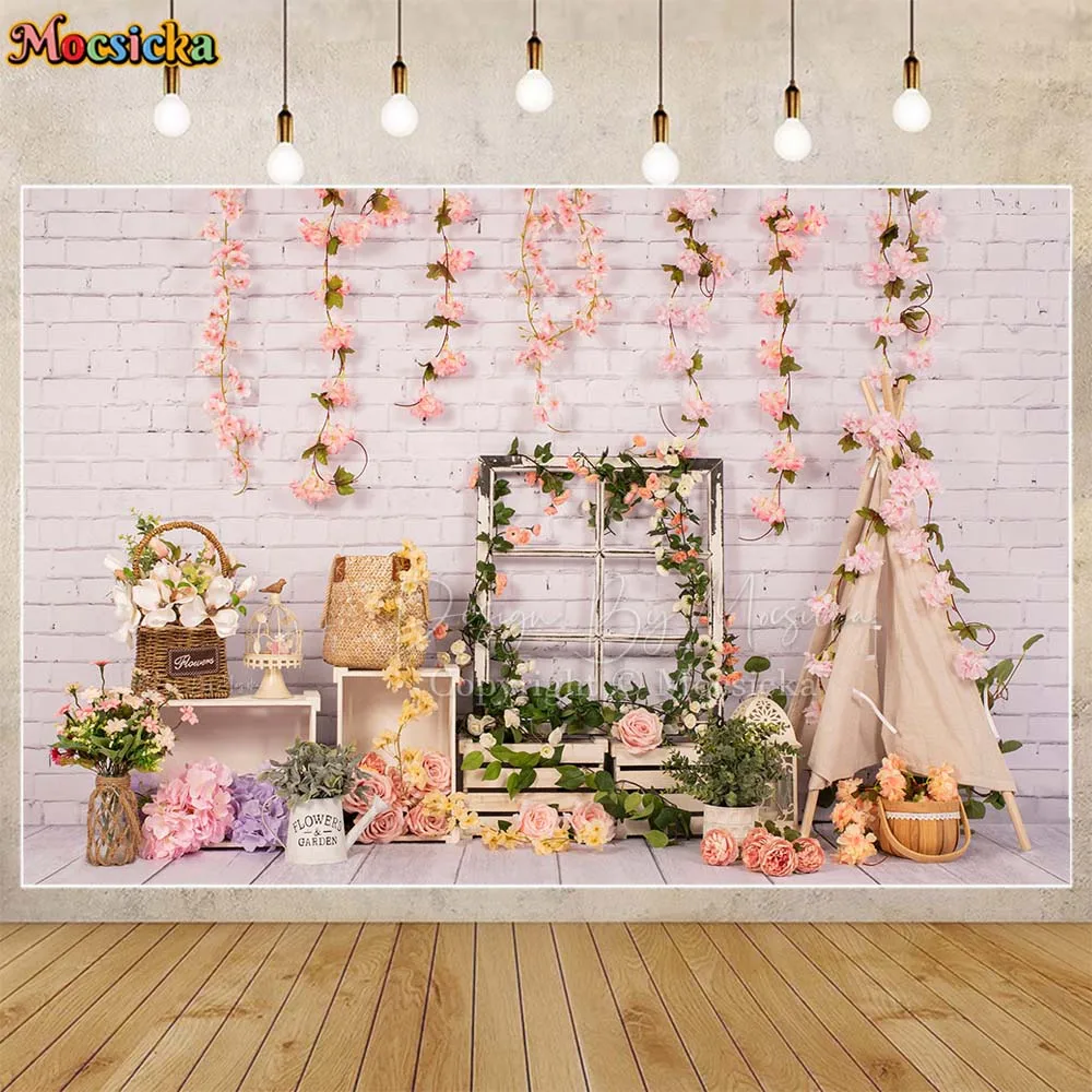 

Mocsicka White Brick Wall Window Flowers Spring Photo Background Baby Birthday Newborn Portrait Photography Backdrops Photoshoot