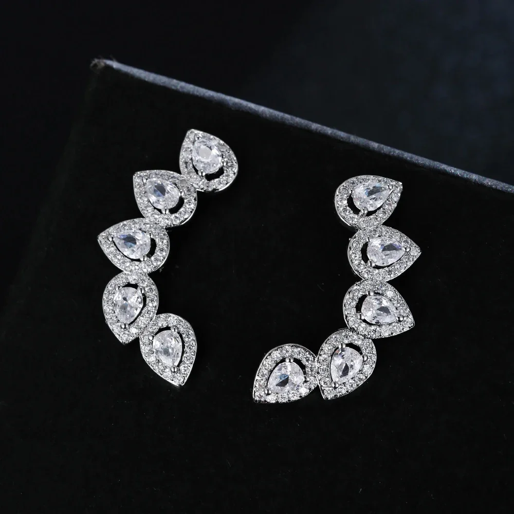 Luxury Pear Cut Cubic Zircon Cuff Stud Earrings for Women Fashion Silver Color Flower Stud Earings Jewelry Boucle Oreille Femme