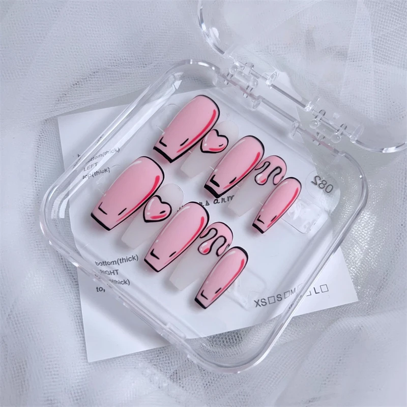 Handgemachte niedliche Presse auf Nägeln 3d Comic gefälschte Nägel verträumte rosa Herzen Acryl falsche Nägel volle Abdeckung Fingers pitzen Kit Nail Art Girl