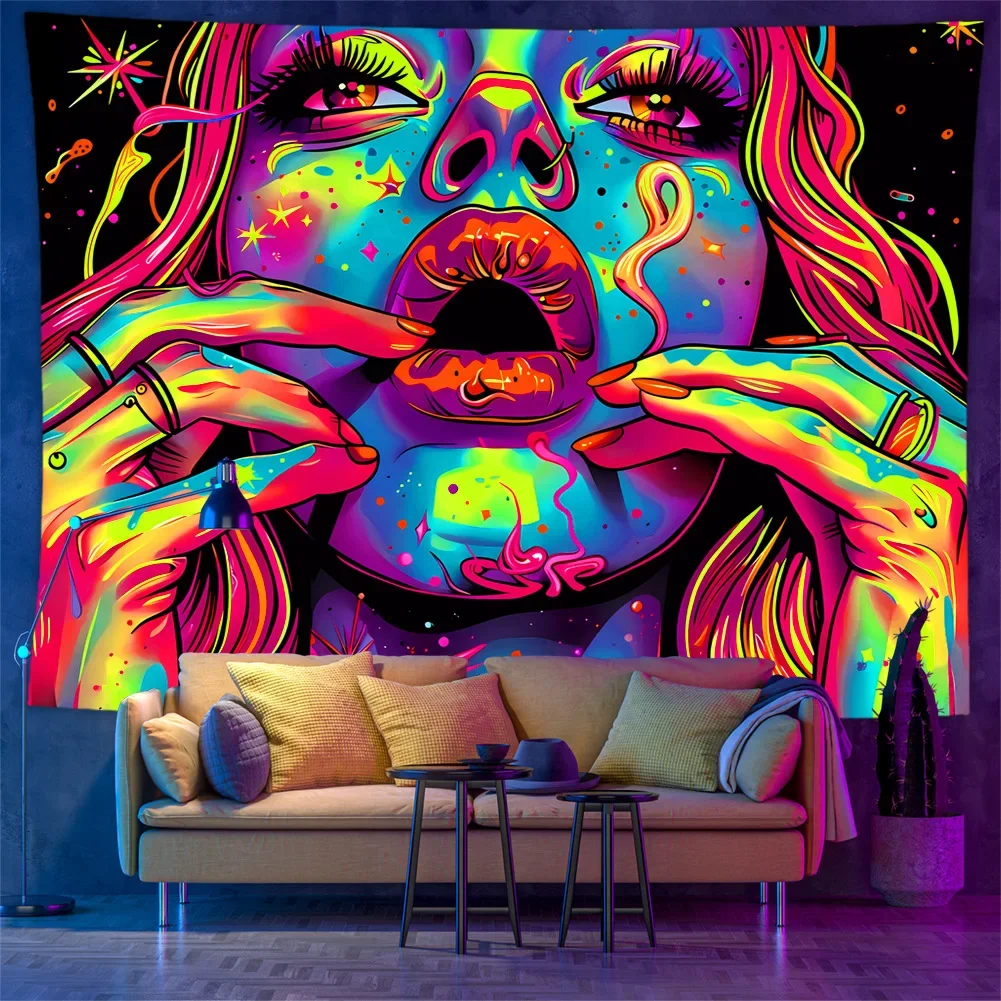 VIKAMA Blacklight Trippy Woman Face Tapestry UV Reactive Neon Wall Hanging Psychedelic Room Decor Home Wall Decoration