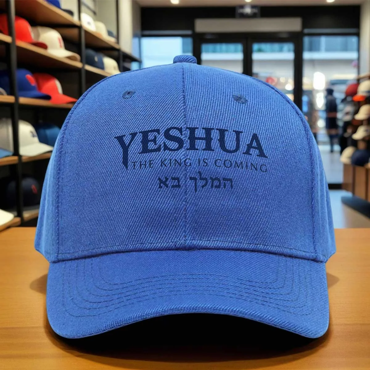 YESHUA The King Is Coming Hebrew Lettering Baseball Cap, Blue White Classic Adjustable Hat