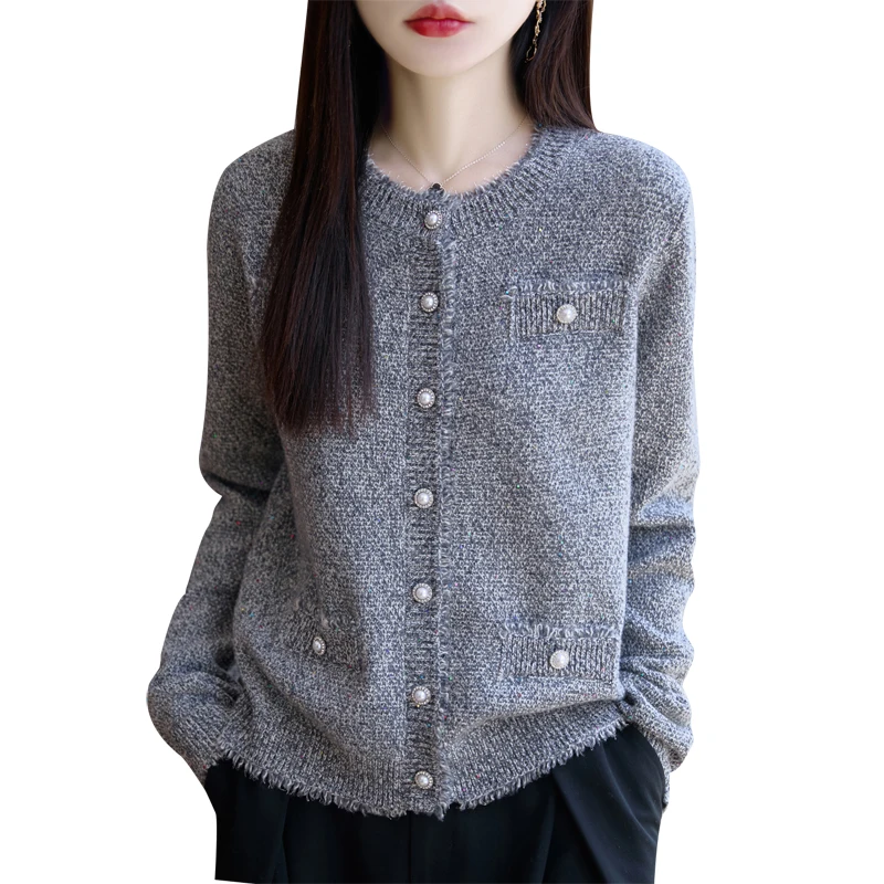 

Кардиган, свитер из 100% мериносовой шерсти, осенне-зимний пуловер с круглым вырезом, женский трикотаж с длинными рукавами, элегантная одежда, топы