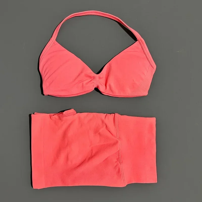 2-delig sportset dames, sportbeha met bandjes, gymshorts, sportpak, fitnesskleding, naadloze yogaset