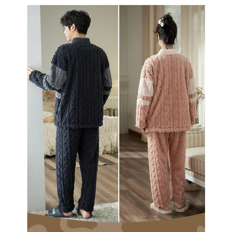 New Thickened Coral Velvet Couple Pajamas Women's Autumn Winter Nightgown Men Long Sleeve Trousers Warm Loungewear Two-piece Set