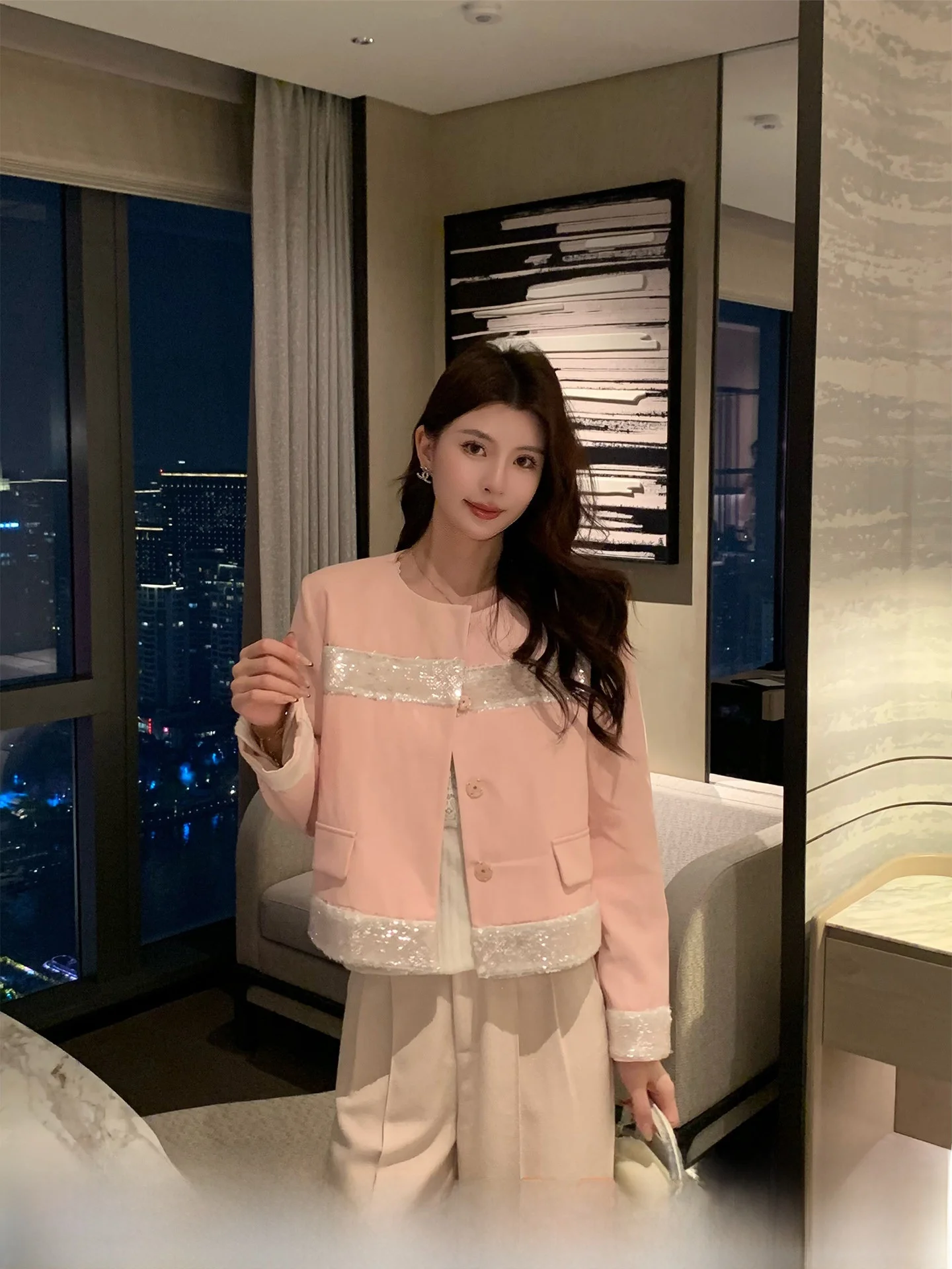 

Kun Total Spring Evening Pink Casual Women's Leather Jaet Slimming ort Coat Stand Fit Long Sve Low round Ne Butto...