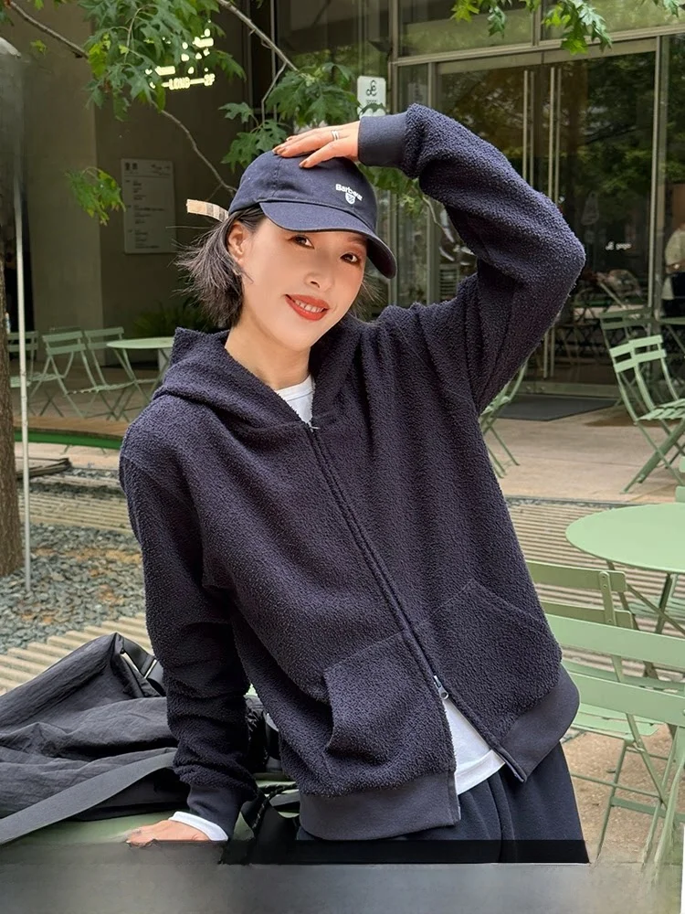 

Bebes Home k Blue Zipper Hoodie Jaet Women's New 2026 Spring Autumn Small Size Long Sve Open Cardigan Top Cotton Blend